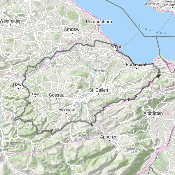 Mapa miniatúra "Okruhová cyklistická trasa cez Kaienspitz a Rorschach" cyklistická inšpirácia v Ostschweiz, Switzerland. Vygenerované cyklistickým plánovačom trás Tarmacs.app