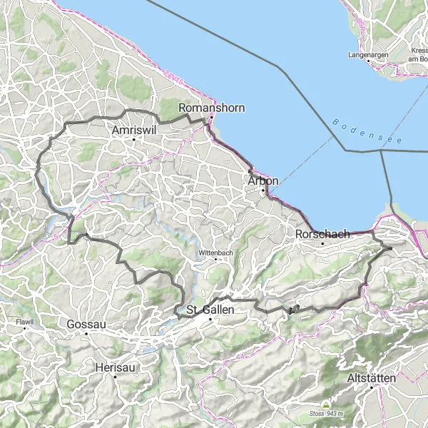 Kartminiatyr av "Landsbyrundtur med veisykling i nærheten av Thal" sykkelinspirasjon i Ostschweiz, Switzerland. Generert av Tarmacs.app sykkelrutoplanlegger