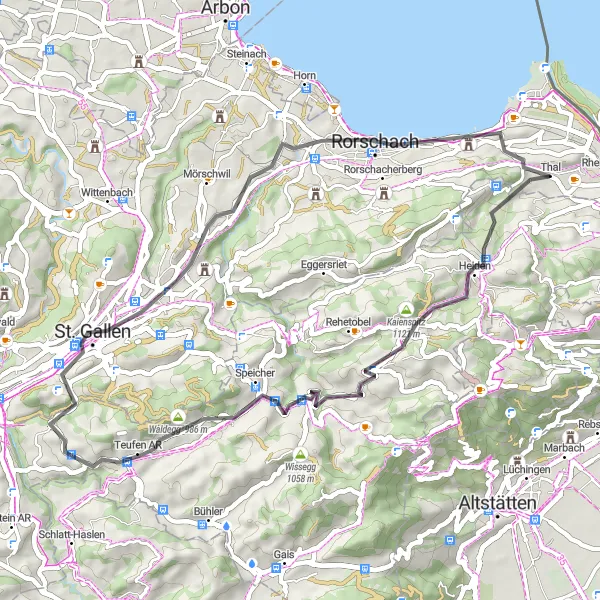 Miniatura della mappa di ispirazione al ciclismo "Pedalata tra natura e cultura da Thal a Rorschach" nella regione di Ostschweiz, Switzerland. Generata da Tarmacs.app, pianificatore di rotte ciclistiche