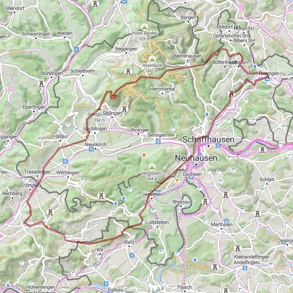 Kartminiatyr av "Grusveieventyr rundt Thayngen" sykkelinspirasjon i Ostschweiz, Switzerland. Generert av Tarmacs.app sykkelrutoplanlegger