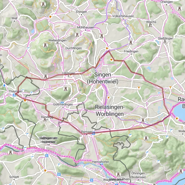 Zemljevid v pomanjšavi "Kolesarska pot preko Barzheima, Ramsena do Thayngna" kolesarske inspiracije v Ostschweiz, Switzerland. Generirano z načrtovalcem kolesarskih poti Tarmacs.app