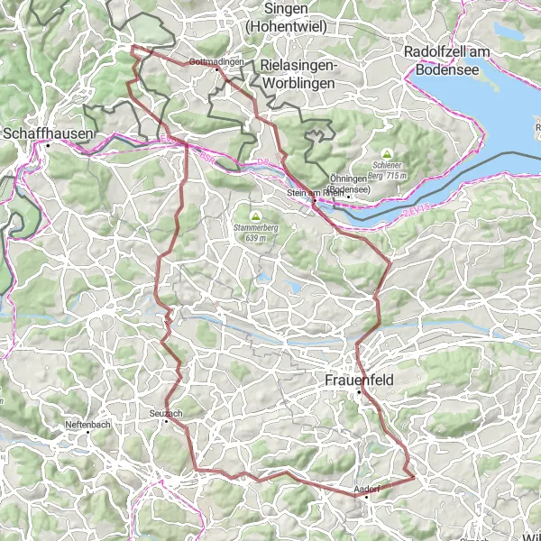 Zemljevid v pomanjšavi "Pustolovščina po brezpotjih v okolici Thayngena" kolesarske inspiracije v Ostschweiz, Switzerland. Generirano z načrtovalcem kolesarskih poti Tarmacs.app