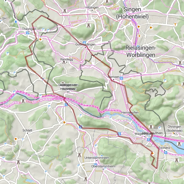 Mapa miniatúra "Gravel cyklotur Gottmadingen - Thayngen" cyklistická inšpirácia v Ostschweiz, Switzerland. Vygenerované cyklistickým plánovačom trás Tarmacs.app