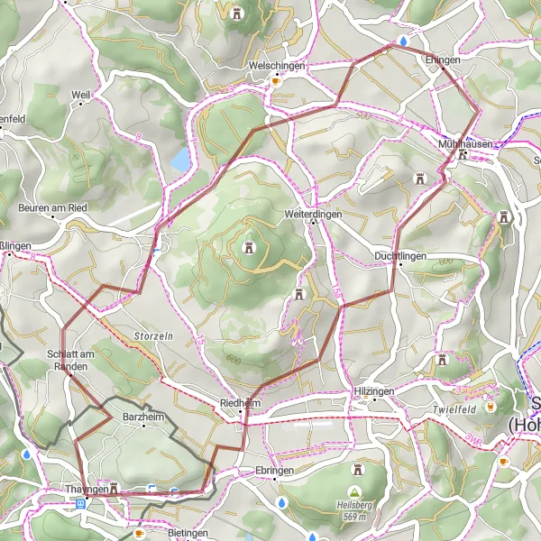 Karttaminiaatyyri "Seikkailullinen sora-ajoreitti Thayngenin läheisyydessä" pyöräilyinspiraatiosta alueella Ostschweiz, Switzerland. Luotu Tarmacs.app pyöräilyreittisuunnittelijalla