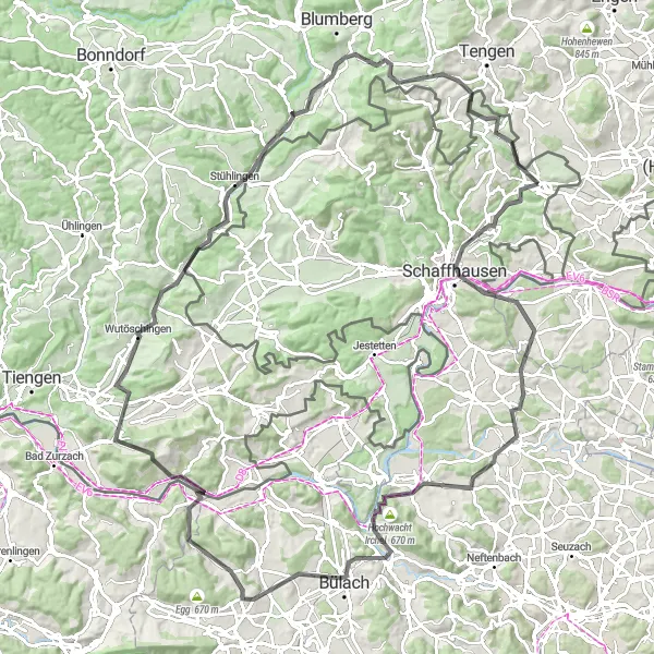 Miniatua del mapa de inspiración ciclista "Ruta de Carretera por los Alrededores de Thayngen" en Ostschweiz, Switzerland. Generado por Tarmacs.app planificador de rutas ciclistas