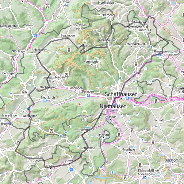 Zemljevid v pomanjšavi "Kolesarjenje skozi slikovite vasi v okolici Thayngena" kolesarske inspiracije v Ostschweiz, Switzerland. Generirano z načrtovalcem kolesarskih poti Tarmacs.app