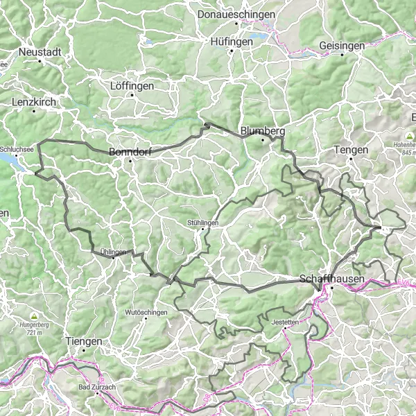 Miniature de la carte de l'inspiration cycliste "Défi autour de Schaffhausen" dans la Ostschweiz, Switzerland. Générée par le planificateur d'itinéraire cycliste Tarmacs.app