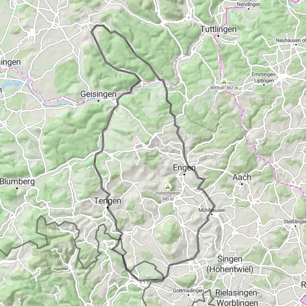 Karttaminiaatyyri "Maalauksellinen maantierata Thayngenin lähistöllä" pyöräilyinspiraatiosta alueella Ostschweiz, Switzerland. Luotu Tarmacs.app pyöräilyreittisuunnittelijalla