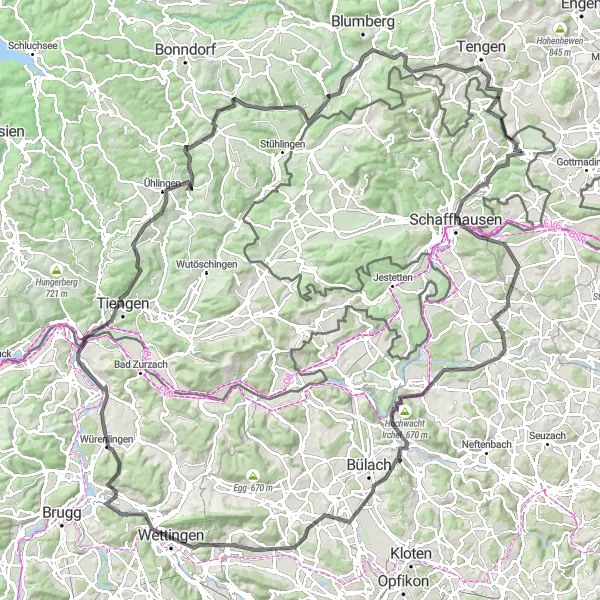 Miniatua del mapa de inspiración ciclista "Ruta de ciclismo de carretera cerca de Thayngen" en Ostschweiz, Switzerland. Generado por Tarmacs.app planificador de rutas ciclistas
