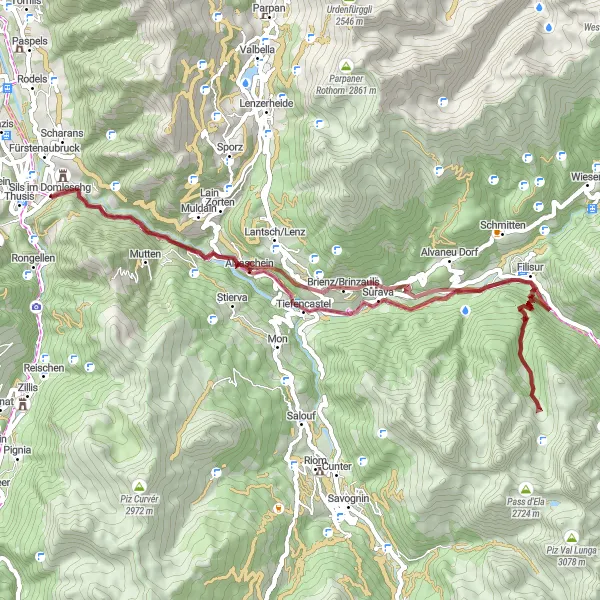 Miniatua del mapa de inspiración ciclista "Ruta de grava a Filisur y Mutten" en Ostschweiz, Switzerland. Generado por Tarmacs.app planificador de rutas ciclistas