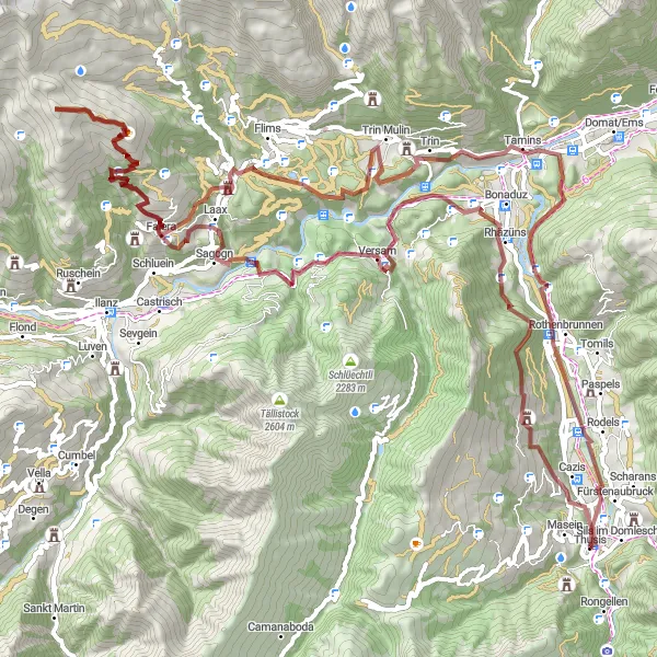 Miniaturní mapa "Gravel cyklistická trasa z Thusisu" inspirace pro cyklisty v oblasti Ostschweiz, Switzerland. Vytvořeno pomocí plánovače tras Tarmacs.app