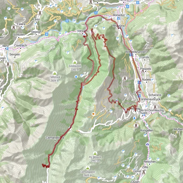 Miniatua del mapa de inspiración ciclista "Ruta de grava de Thusis a Thusis por Portein, Scardanal, Safien Platz, Thalkirch, Versam, Bot Danisch, Rhäzüns y Cazis" en Ostschweiz, Switzerland. Generado por Tarmacs.app planificador de rutas ciclistas
