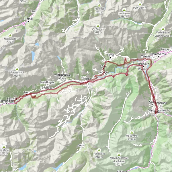 Miniaturní mapa "Gravel cyklotrasa od Thusis: Crest la Crusch až Unteres Schloss" inspirace pro cyklisty v oblasti Ostschweiz, Switzerland. Vytvořeno pomocí plánovače tras Tarmacs.app