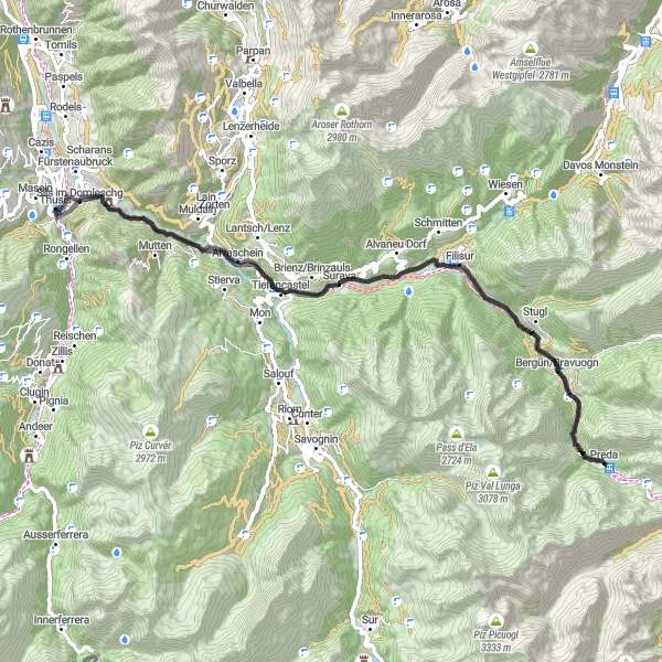 Mapa miniatúra "Cyklotrasa Sils im Domleschg - Bergün/Bravuogn" cyklistická inšpirácia v Ostschweiz, Switzerland. Vygenerované cyklistickým plánovačom trás Tarmacs.app