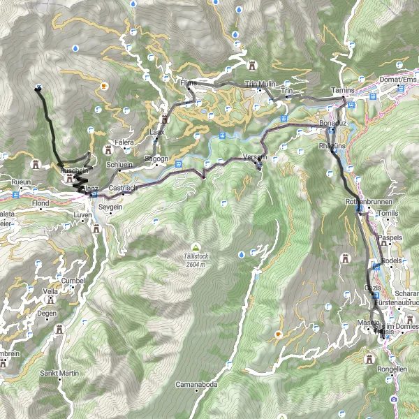 Karttaminiaatyyri "Maantiekiertue Schloss Rhäzünsista" pyöräilyinspiraatiosta alueella Ostschweiz, Switzerland. Luotu Tarmacs.app pyöräilyreittisuunnittelijalla