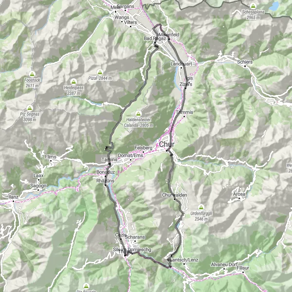 Karttaminiaatyyri "Haastava maantiepyöräilyreitti Thusiksesta" pyöräilyinspiraatiosta alueella Ostschweiz, Switzerland. Luotu Tarmacs.app pyöräilyreittisuunnittelijalla