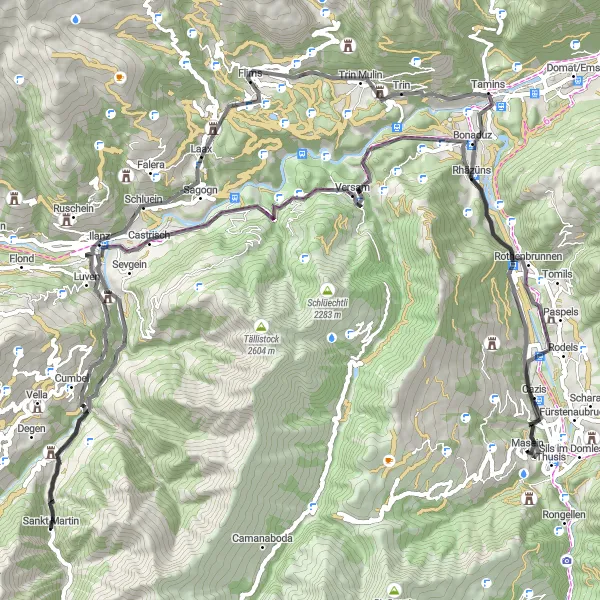 Miniatura della mappa di ispirazione al ciclismo "Road Cycling Adventure from Masein to Schloss Untertagstein" nella regione di Ostschweiz, Switzerland. Generata da Tarmacs.app, pianificatore di rotte ciclistiche