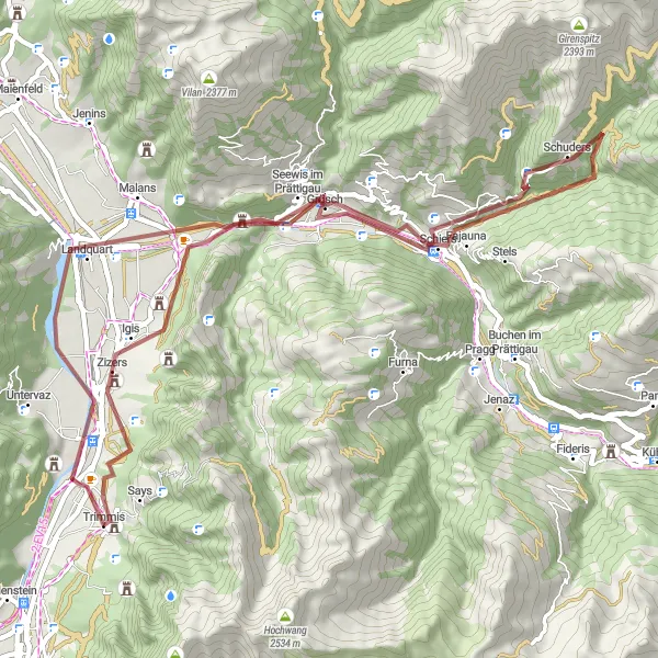 Karttaminiaatyyri "Gravel Adventure from Landquart to Ruine Alt-Aspermont" pyöräilyinspiraatiosta alueella Ostschweiz, Switzerland. Luotu Tarmacs.app pyöräilyreittisuunnittelijalla