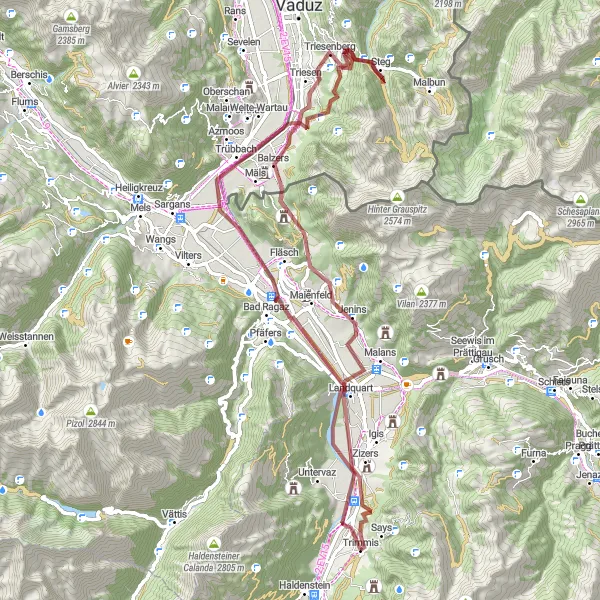 Map miniature of "Trimmis to Balzers Exploration" cycling inspiration in Ostschweiz, Switzerland. Generated by Tarmacs.app cycling route planner