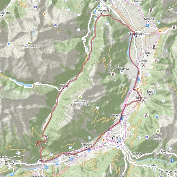 Kartminiatyr av "Kulturelle høydepunkter rundt Trimmis" sykkelinspirasjon i Ostschweiz, Switzerland. Generert av Tarmacs.app sykkelrutoplanlegger
