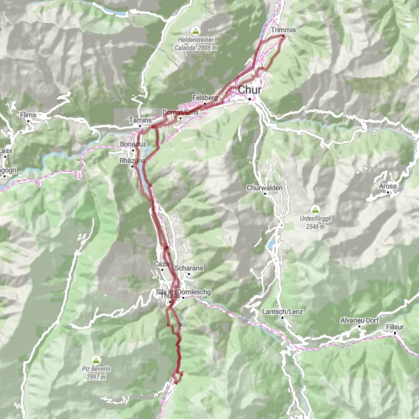 Miniaturní mapa "Trasa okolo Trimmisu" inspirace pro cyklisty v oblasti Ostschweiz, Switzerland. Vytvořeno pomocí plánovače tras Tarmacs.app