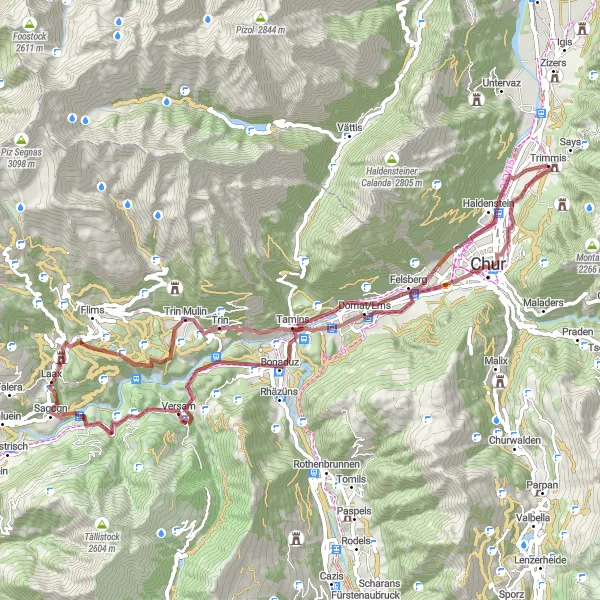 Miniatura della mappa di ispirazione al ciclismo "Tour ciclistico gravel da Trimmis" nella regione di Ostschweiz, Switzerland. Generata da Tarmacs.app, pianificatore di rotte ciclistiche