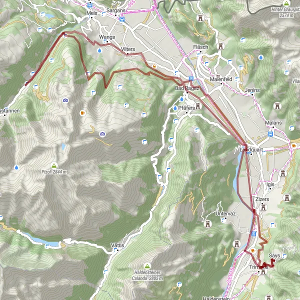 Map miniature of "The Landquart Gravel Challenge" cycling inspiration in Ostschweiz, Switzerland. Generated by Tarmacs.app cycling route planner