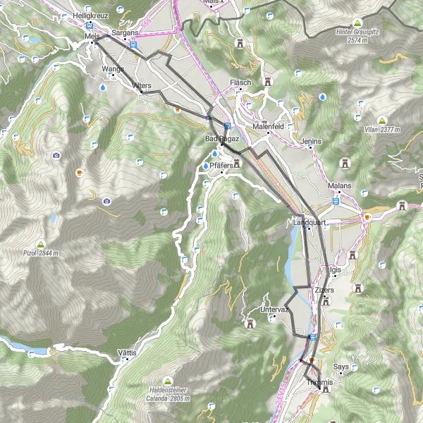 Mapa miniatúra "Trimmis - Zizers turistická cyklo trasa" cyklistická inšpirácia v Ostschweiz, Switzerland. Vygenerované cyklistickým plánovačom trás Tarmacs.app