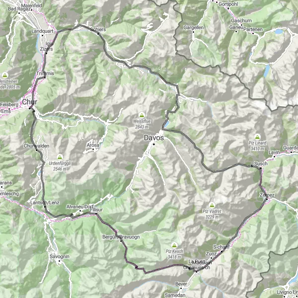 Miniatura della mappa di ispirazione al ciclismo "Giro in bicicletta da Trimmis a Chur e ritorno" nella regione di Ostschweiz, Switzerland. Generata da Tarmacs.app, pianificatore di rotte ciclistiche