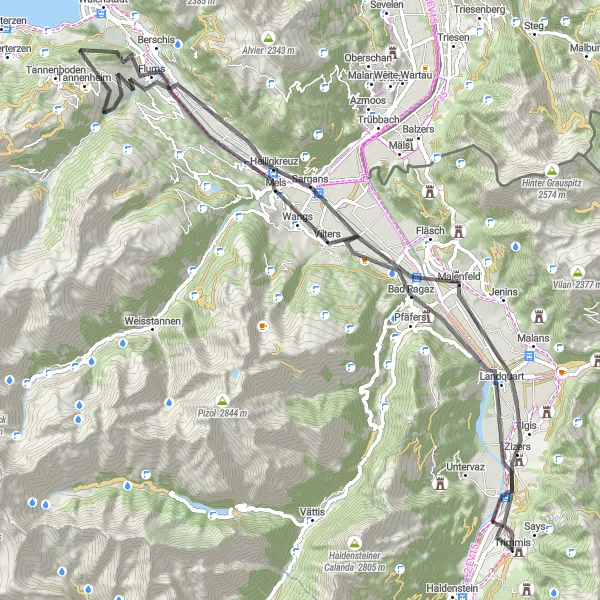Zemljevid v pomanjšavi "Kolesarski izziv skozi slikovita mesta" kolesarske inspiracije v Ostschweiz, Switzerland. Generirano z načrtovalcem kolesarskih poti Tarmacs.app