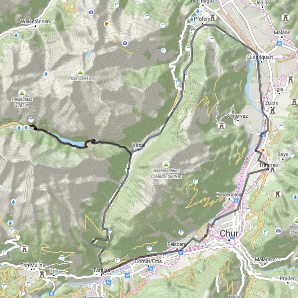 Karttaminiaatyyri "Vuoristotiet ja maalaukselliset kylät" pyöräilyinspiraatiosta alueella Ostschweiz, Switzerland. Luotu Tarmacs.app pyöräilyreittisuunnittelijalla