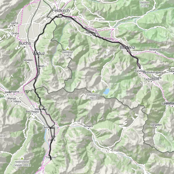 Miniatua del mapa de inspiración ciclista "Recorrido ciclista escénico de Trimmis a Igis" en Ostschweiz, Switzerland. Generado por Tarmacs.app planificador de rutas ciclistas