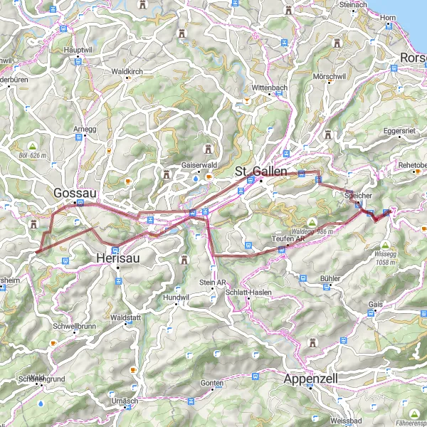 Karttaminiaatyyri "Trogen - St. Gallen Gravel Tour" pyöräilyinspiraatiosta alueella Ostschweiz, Switzerland. Luotu Tarmacs.app pyöräilyreittisuunnittelijalla