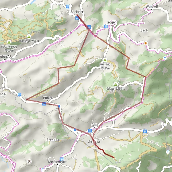 Kartminiatyr av "Gäbris och Hoher Hirschberg Gravel Loop" cykelinspiration i Ostschweiz, Switzerland. Genererad av Tarmacs.app cykelruttplanerare