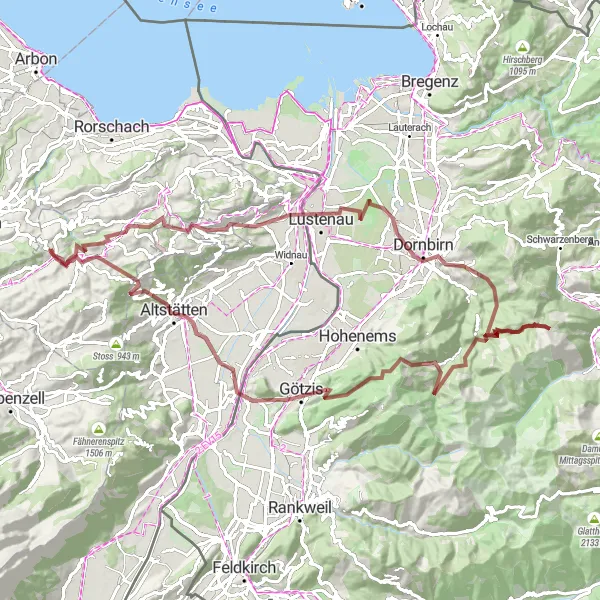 Miniature de la carte de l'inspiration cycliste "Tour des montagnes alpines" dans la Ostschweiz, Switzerland. Générée par le planificateur d'itinéraire cycliste Tarmacs.app