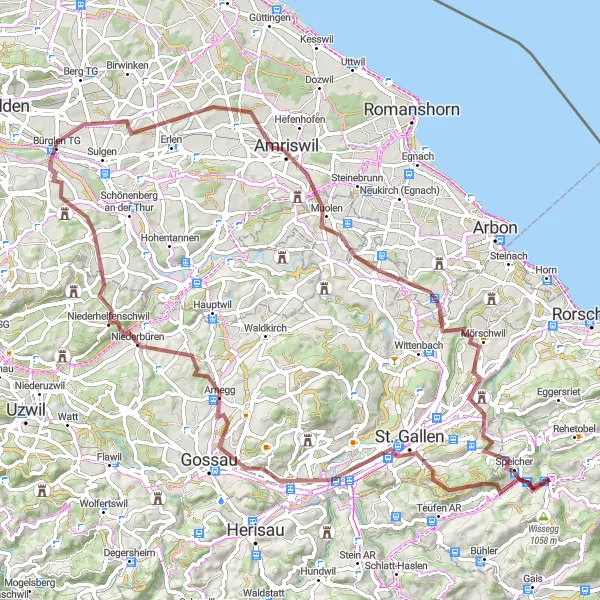 Miniaturekort af cykelinspirationen "Gruscykelrute til Waldegg og Speicher" i Ostschweiz, Switzerland. Genereret af Tarmacs.app cykelruteplanlægger