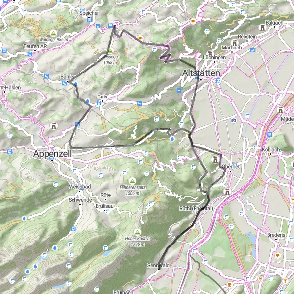 Map miniature of "Rheintal Excursion" cycling inspiration in Ostschweiz, Switzerland. Generated by Tarmacs.app cycling route planner