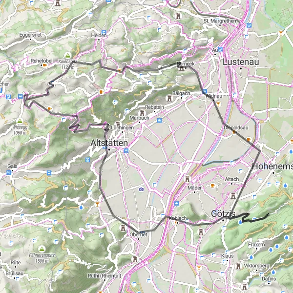 Kartminiatyr av "Kulturelle skatter og naturskjønne omgivelser" sykkelinspirasjon i Ostschweiz, Switzerland. Generert av Tarmacs.app sykkelrutoplanlegger