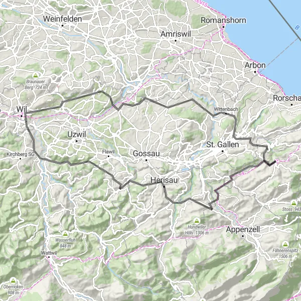 Map miniature of "Hills and Valleys" cycling inspiration in Ostschweiz, Switzerland. Generated by Tarmacs.app cycling route planner