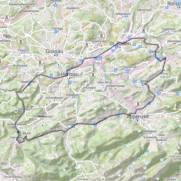 Mapa miniatúra "Cyklistická trasa cez Appenzell" cyklistická inšpirácia v Ostschweiz, Switzerland. Vygenerované cyklistickým plánovačom trás Tarmacs.app