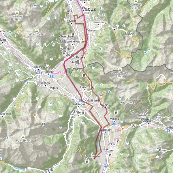 Map miniature of "Untervaz to Jenins Gravel Loop" cycling inspiration in Ostschweiz, Switzerland. Generated by Tarmacs.app cycling route planner