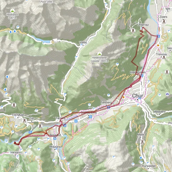 Miniaturní mapa "Untervaz - Felsberg - Bonaduz - Zault - Bot Danisch - Domat/Ems - Haldenstein" inspirace pro cyklisty v oblasti Ostschweiz, Switzerland. Vytvořeno pomocí plánovače tras Tarmacs.app