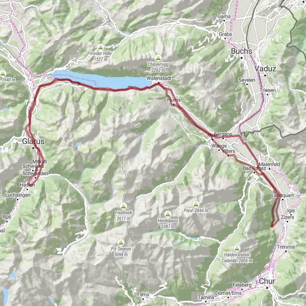 Mapa miniatúra "Gravelová cyklotrasa kolem Untervazu" cyklistická inšpirácia v Ostschweiz, Switzerland. Vygenerované cyklistickým plánovačom trás Tarmacs.app