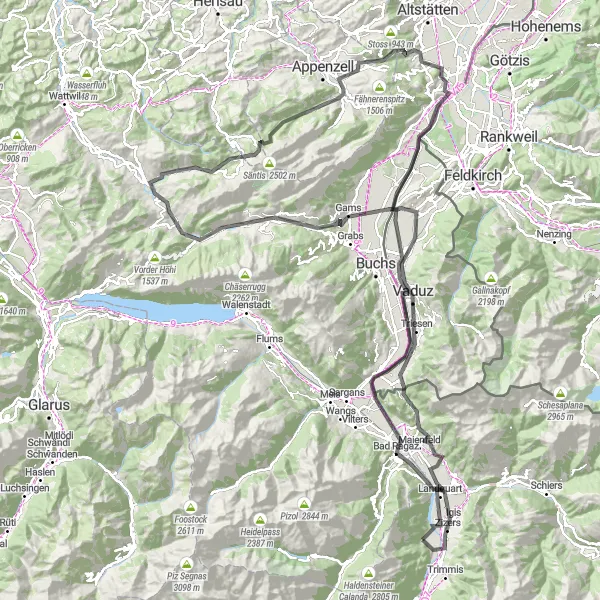 Miniaturní mapa "Untervaz - Sankt Luzisteig - Vaduz - Känzile - Eschen - Foto-Spot die sieben Churfirsten - Stein SG - Fernglas - Schwägalp - Hoher Hirschberg - Eichberg - Matschelser Bergle - Gamprin - Trübbach - Ellhorn - Tabor - Zizers" inspirace pro cyklisty v oblasti Ostschweiz, Switzerland. Vytvořeno pomocí plánovače tras Tarmacs.app