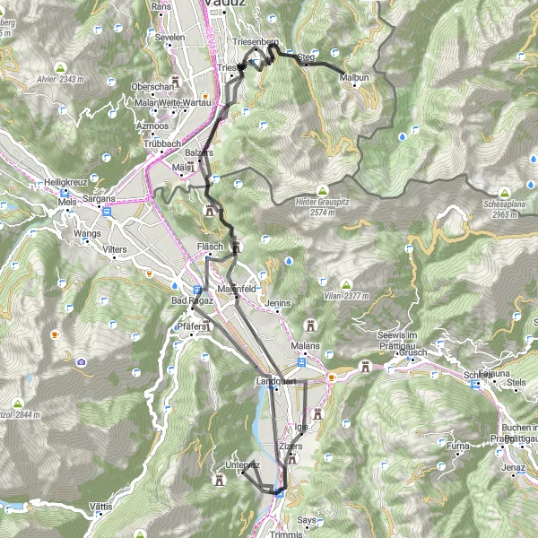 Map miniature of "Untervaz to Zizers Road Loop" cycling inspiration in Ostschweiz, Switzerland. Generated by Tarmacs.app cycling route planner