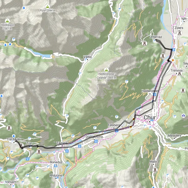 Zemljevid v pomanjšavi "Kolesarska pot Felsberg - Chur" kolesarske inspiracije v Ostschweiz, Switzerland. Generirano z načrtovalcem kolesarskih poti Tarmacs.app
