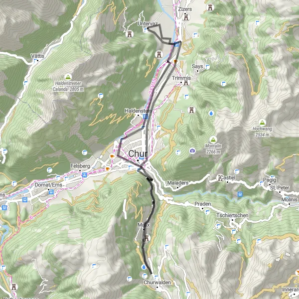 Map miniature of "Untervaz to Chur Road Expedition" cycling inspiration in Ostschweiz, Switzerland. Generated by Tarmacs.app cycling route planner