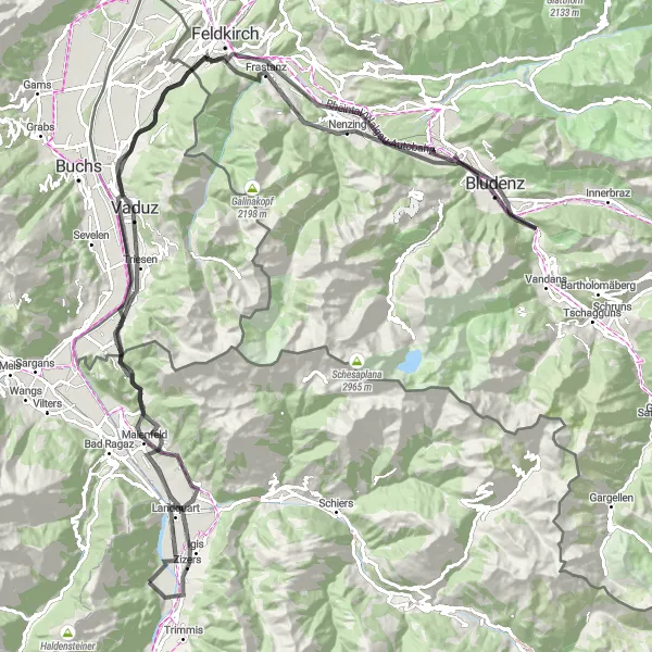 Mapa miniatúra "Cyklistická okružná trasa od Untervaz (Ostschweiz, Švajčiarsko) cez Zizers, Vaduz až po Malans" cyklistická inšpirácia v Ostschweiz, Switzerland. Vygenerované cyklistickým plánovačom trás Tarmacs.app