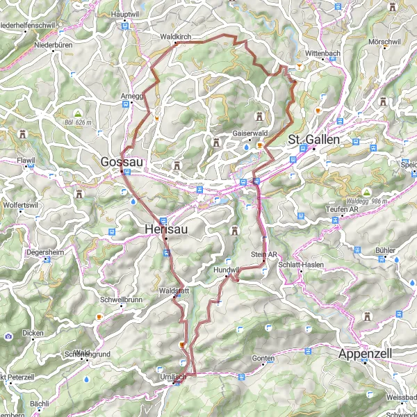 Miniatura della mappa di ispirazione al ciclismo "Tour di ciclismo in Gravel attraverso Nieschberg e Waldkirch" nella regione di Ostschweiz, Switzerland. Generata da Tarmacs.app, pianificatore di rotte ciclistiche