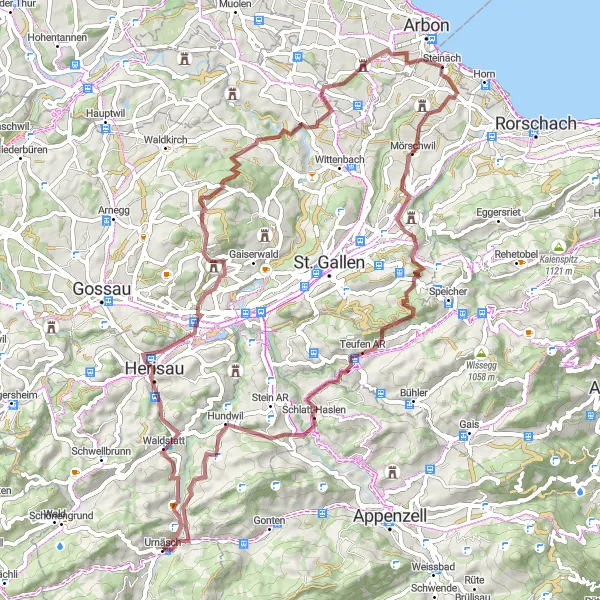 Karttaminiaatyyri "Urnäschin sora-reitti" pyöräilyinspiraatiosta alueella Ostschweiz, Switzerland. Luotu Tarmacs.app pyöräilyreittisuunnittelijalla